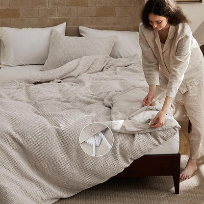 Bedsure Waffle Duvet Cover Queen - Pure Cotton Duvet Cover Linen Color, Space-Dyed for Enhanced Bedroom Aesthetics, GentleSoft™ and Stylish All-Season, 3-Piece Bedding Set with Button Closure, 90"x90"