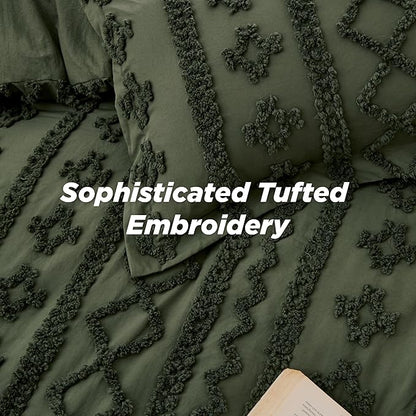 Bedsure Tufted Boho Comforter Set Oversized King - Olive Green Boho Bed Set, GentleSoft™ 3 Pieces Farmhouse Shabby Chic Embroidery Bedding, Gifts for Woman, Soft Jacquard Comforter for All Seasons
