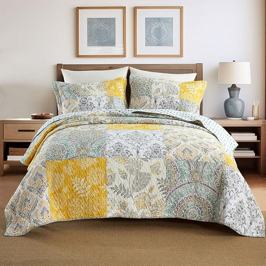 Secgo Queen Comforter Set for Bed - 100% Cotton Quilts Queen Size, Black Bedspreads (90 * 98 Inch) with 2 Pillow Shams, Patchwork Reversible Lightweight Bedding