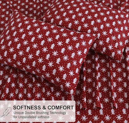 RUVANTI Flannel Sheets King Size - 100% Cotton Brushed King Size Sheets Set - Deep Pockets 16 Inches Bed Sheets - All Seasons Breathable & Extra Soft - Warm & Cozy, 4 Piece, Red Christmas