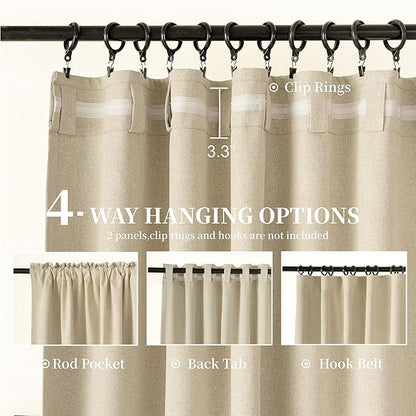 KangBang Natural Beige 72 Inch Wide Blackout Linen Curtains, Sliding Door Curtains Light Blocking Room Darkening Rustic Classy Drapes for Living Room(Back Tab/Rod Pocket/Hook Belt, 2 Panels, 72Wx84L)