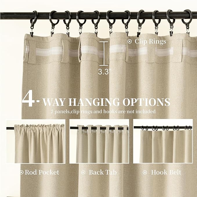 KangBang Beige Room Darkening Curtains 96 Inches Long, Blackout Linen Curtains Farmhouse Back Tab Drapes for Living Room, Thermal & Noise Reducing Morden Window Panels(52Wx96L, Natural Beige, 2 PCs)