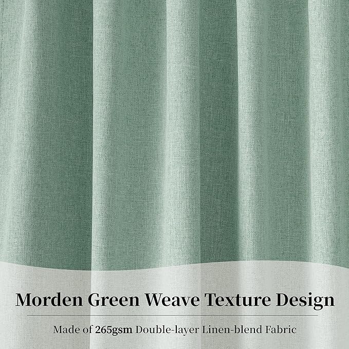 KangBang 100% Blackout Linen Curtains 72x108 Inches Long, Back Tab Pocket Pleated Room Darkening Curtains for Living Room Sliding Patio Door, Soft Thick Linen Textured Drapes, 2Pcs, Cameo Green