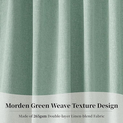 KangBang 100% Blackout Linen Curtains 72x108 Inches Long, Back Tab Pocket Pleated Room Darkening Curtains for Living Room Sliding Patio Door, Soft Thick Linen Textured Drapes, 2Pcs, Cameo Green