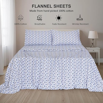 RUVANTI Flannel Sheets Queen Size - 100% Cotton Double Brushed Bed Sheets, Deep Pockets 16 Inches Queen Sheet Set, All Seasons Breathable & Extra Soft - Warm & Cozy, 4 Piece, Snow Flake Grey