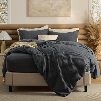 Bedsure 100% Cotton Duvet Cover Queen Size with Fitted Sheet - 4 Pieces Charcoal Waffle Weave Bedding Set, GentleSoft™ and Breathable, Includes 1 Duvet Cover 90x90, 1 Fitted Sheet, 2 Pillow Shams