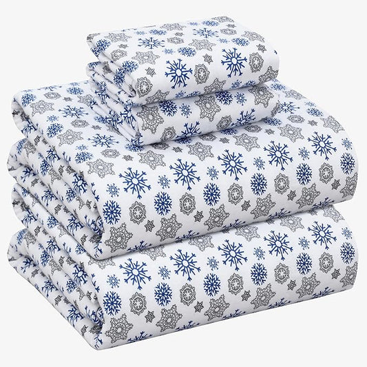 RUVANTI Flannel Sheets Queen Size - 100% Cotton Double Brushed Bed Sheets, Deep Pockets 16 Inches Queen Sheet Set, All Seasons Breathable & Extra Soft - Warm & Cozy, 4 Piece, Snow Flake Grey