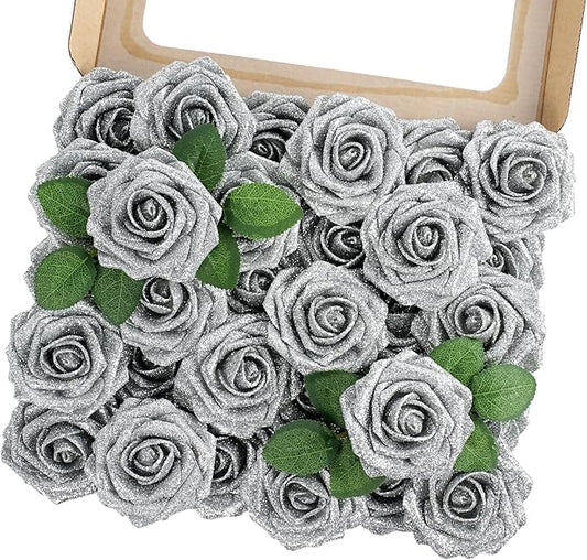 MACTING 30PCS Artificial Glitter Roses Real Looking Fake Flowers with Stem Foam Roses for Wedding Bouquet Centerpieces Party Wreath Home Spring Mothers Day Easter Decorations(Silver)