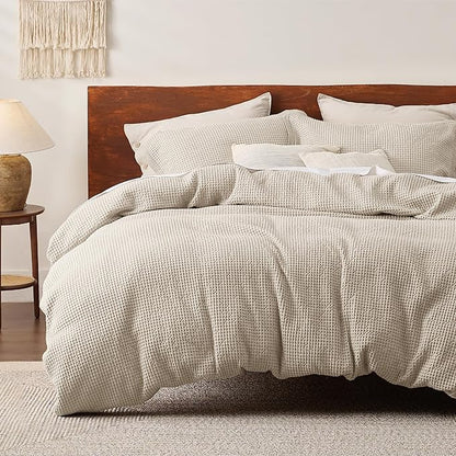 Bedsure Cotton Duvet Cover Queen Size - 100% Cotton Waffle Weave Beige Duvet Cover Queen Size, GentleSoft™ and Breathable Bedding Set for All Season, 3 Pieces, 90"x90"