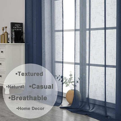 Aiyufeng Linen Textured Blue Sheer Curtains 72 inches Long 2 Panels, Sheer Navy Blue Curtains Breathable Elegant Drapes for Living Room Kitchen, 40Wx72L inch