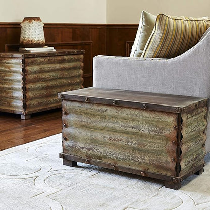 Household Essentials Decorative Trunk, Rustic, Small, Wood Frame and Metal Siding, Spacious and Handmade, Fully Opening Lid, Black Interior, Driftwood and Silver