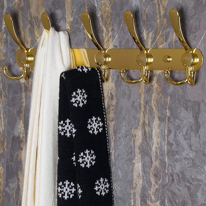 Dseap Coat Rack Wall Mounted - 5 Tri Hooks, Heavy Duty, Stainless Steel, Metal Coat Hook Rail for Coat Hat Towel Purse Robes Mudroom Bathroom Entryway (Gold, 2 Packs)