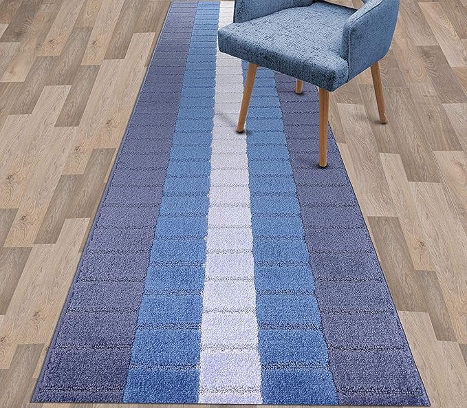 Custom Size Coastal Nautical Style Runner Rug Carpet for Hallway Entryway, Slip Resistant Latex Rubber Backed, 31 inch Wide X Customized Length, Squares Blue, 31 inch X 3 feet, Doormat Size