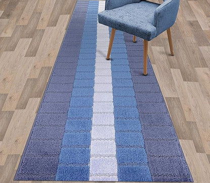 Custom Size Coastal Nautical Style Runner Rug Carpet for Hallway Entryway, Slip Resistant Latex Rubber Backed, 31 inch Wide X Customized Length, Squares Blue, 31 inch X 16 feet