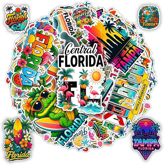 100 PCS Florida Travel Stickers Pack, Vinyl Waterproof Decals of Beaches Palm Trees Oranges State Icons and City Skylines, Gift for Kids Teens Adults Laptop Water Bottle Scrapbook Luggage Car