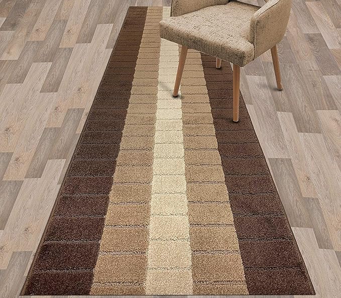 Custom Size Modern Geometric Pattern Carpet Runner Rug for Hallways, Slip Resistant Latex Rubber Backed, 31 inch Wide X Customized Length, Squares Brown, 31 inch X 24 feet
