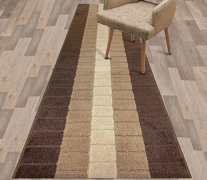 Custom Size Modern Geometric Pattern Carpet Runner Rug for Hallways, Slip Resistant Latex Rubber Backed, 31 inch Wide X Customized Length, Squares Brown, 31 inch X 24 feet