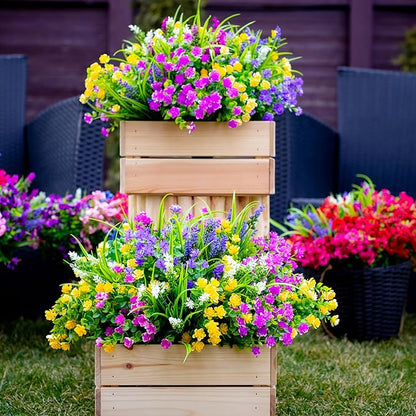 Artificial Flowers Outdoor Fake Plants - 12 Bundles UV Resistant Shrubs No Fade Faux Plastic Greenery Home Garden Porch Patio Decoration Indoor (1, Multi-12pcs)