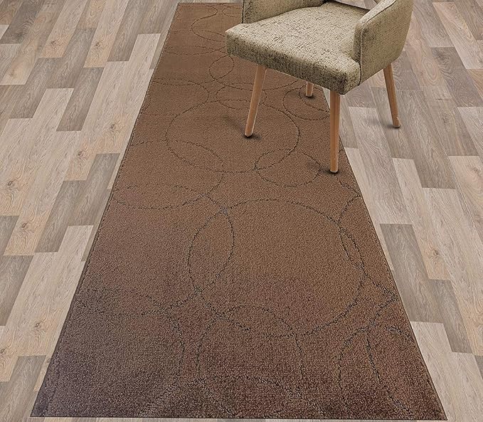 Custom Size Modern Geometric Pattern Carpet Runner Rug for Hallways, Slip Resistant Latex Rubber Backed, 31 inch Wide X Customized Length, Circles Brown, 31 inch X 16 feet