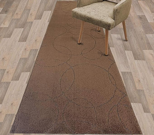 Custom Size Modern Geometric Pattern Carpet Runner Rug for Hallways, Slip Resistant Latex Rubber Backed, 31 inch Wide X Customized Length, Circles Brown, 31 inch X 29 feet