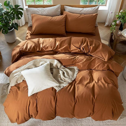 MooMee Bedding Duvet Cover Set 100% Washed Cotton Linen Like Textured Breathable Durable Soft Comfy (Solid Dark Orange, Cal King 104"x98")