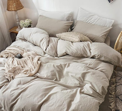 MooMee Bedding Duvet Cover Set 100% Washed Cotton Linen Like Textured Breathable Durable Soft Comfy (Heathered Tannish Linen Grey, King 104"x90")