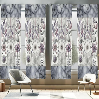 Ambesonne Geometric Floral Window Curtains Pack of 2, Classic Marble Print Ornate Leafy Flowers and Futurist Stripes, Lightweight Set with Rod Pocket, 4 Panels of - 28" x 84", Ceil Blue Laurel Green