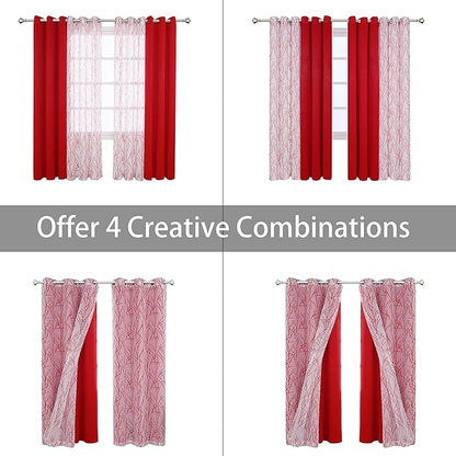 BONZER Mix and Match Curtains - 2 Pieces Branch Print Sheer Curtains and 2 Pieces Blackout Curtains for Bedroom Living Room Grommet Window Drapes, 37x84 Inch/Panel, Red, Set of 4 Panels