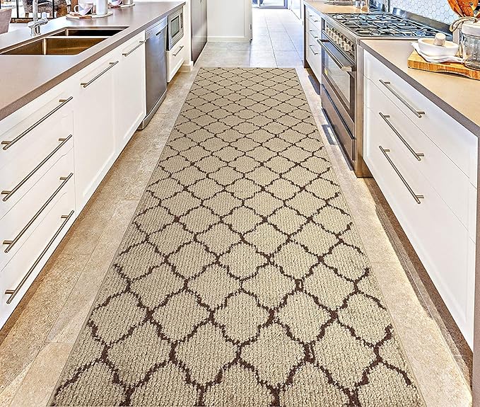 Custom Size Modern Runner Rug Carpet for Hallway Entryway Foyer Kitchen, Slip Resistant Latex Rubber Backed 31 inch Wide X Customized Length, Trellis Beige, 31 inch X 11 feet