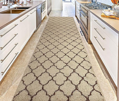 Custom Size Modern Runner Rug Carpet for Hallway Entryway Foyer Kitchen, Slip Resistant Latex Rubber Backed 31 inch Wide X Customized Length, Trellis Beige, 31 inch X 29 feet