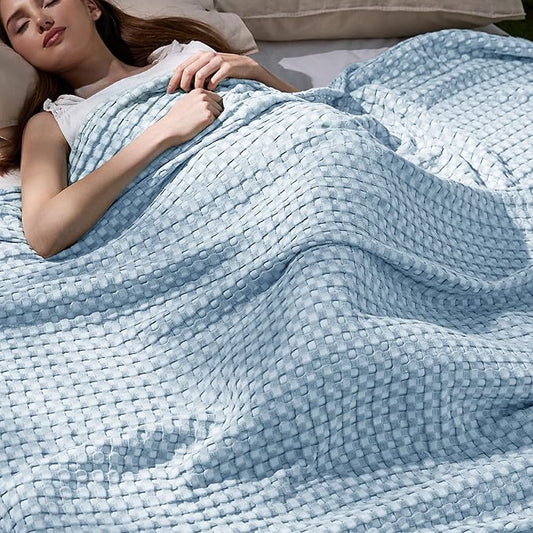 Bedsure Cooling Cotton Waffle King Size Blanket - Lightweight Breathable Blanket of Rayon Derived from Bamboo for Hot Sleepers, Luxury Throws for Bed, Couch and Sofa, Blue, 104x90 Inches