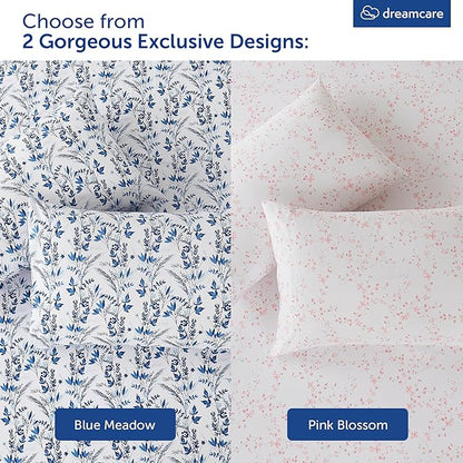DREAMCARE Twin Size Sheets - Cooling Bed Sheets - Twin Sheet Set - Soft & Long Lasting 100% Fine Brushed Floral Blue Sheets