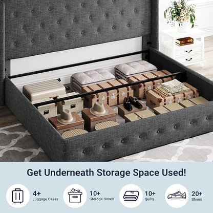 Allewie King Size Lift Up Storage Bed, Button Tufted Headboard with Wingback, Hydraulic Support, No Box Spring Needed, Dark Grey