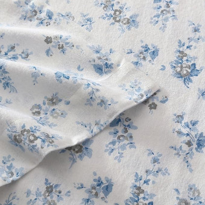 Laura Ashley - Flannel Sheets King Size, Anti-Pilling & Wrinkle Resistant Cotton, Touchably Soft for All-Season Comfort - Bed Sheets with Matching Pillowcases & Fitted Sheet (Audrey Blue)