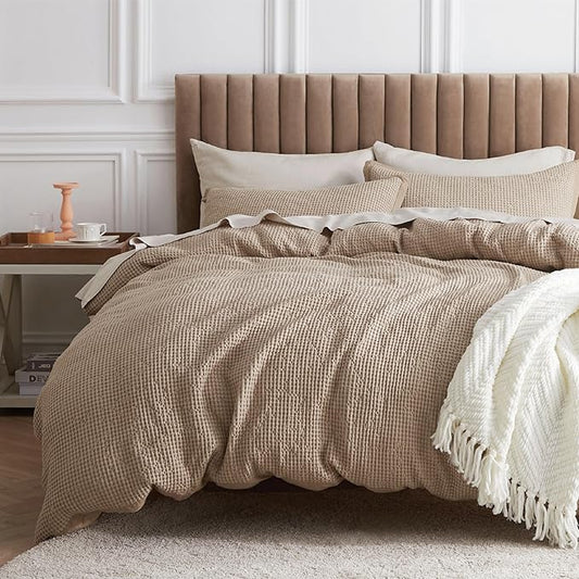 Bedsure Cotton Duvet Cover Set - 100% Cotton Waffle Weave Khaki Duvet Cover Oversized Queen Size, GentleSoft™ and Breathable Bedding Set for All Season, 3 Pieces, 98"x98"
