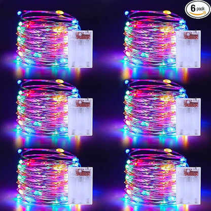 Christmas Multicolor Fairy Lights Battery Operated 6 Pack 16.4Ft 50 LEDs Silver Copper Wire Twinkle Lights for Halloween Bedroom Indoor Outdoor Wedding Dorm Parties Holiday Yard Decorations