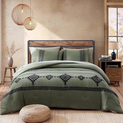 MaiRêve Olive Green Embroidery Comforter Sets Full Size - 7 Piece, Farmhouse Western Boho Comforter Set, All Season Bed in A Bag Full with Sheets, Pillowcases & Shams