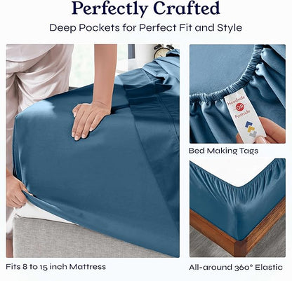 California Design Den Twin XL Sheet Sets - 400 Thread Count Sateen, 100% Cotton Sheets Set, Deep Pockets, Cooling and Durable Bedding for Dorm Rooms & Adults - Peacock Blue