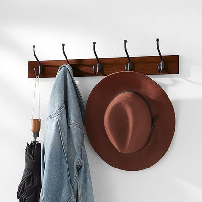 Amazon Basics Rectangular Wall-Mounted Farmhouse Coat Rack, 5 Hook, Light Walnut