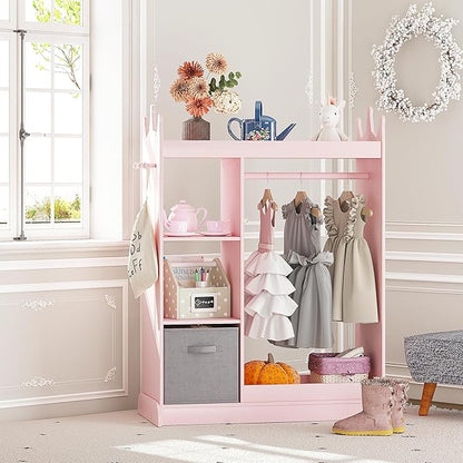 UTEX Kids Armoire Wardrobe Closet with Mirror and Storage Bin, Pink, 33.4 in W x 15.75 in D x 44.5 in H