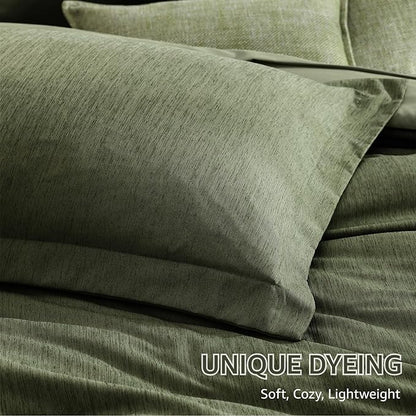 Monbix Queen Comforter Set - 7 Pieces Cationic Dyeing Olive Green Bed in a Bag Queen Bedding Sets with Comforter, Sheets, Pillowcases & Shams, Reversible Bedding Comforters Sets