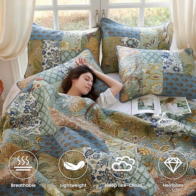 Secgo Twin Size Quilt Size - 100% Cotton Comforter Set Bedding Sets (68 * 86 Inch) with 2 Pillow Shams, Patchwork Reversible Lightweight Bedspread