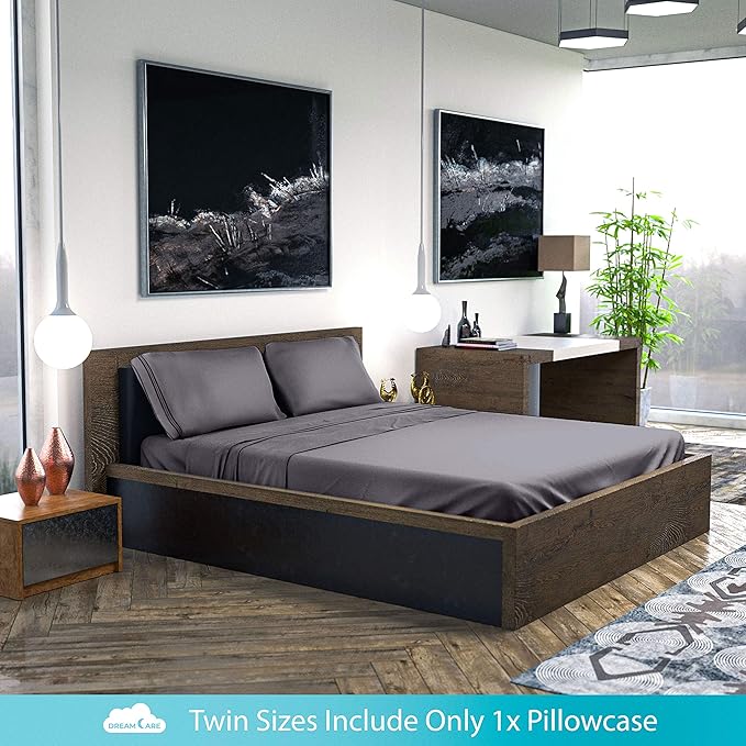 DREAMCARE Twin Sheets Set – 3pcs Cooling Sheets – up to 15” Deep Pocket Twin Sheet Set – Hotel Luxury Sheets & Pillowcases – Superior Softness 100% Fine Microfiber with Side Pocket – Gray