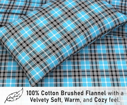 RUVANTI Flannel Sheets Full Size - 100% Cotton Double Brushed Bed Sheets Set, Deep Pockets 16 Inches, All Seasons Breathable & Extra Soft Full Sheets, Warm & Cozy, 4 Piece, Teal Plaid