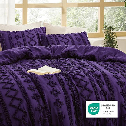 Bedsure Tufted Boho Comforter Set King Size - Purple Boho Bed Set, GentleSoft™ 3 Pieces Farmhouse Shabby Chic Embroidery Bedding, Gifts for Woman, Soft Jacquard King Comforter for All Seasons