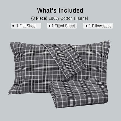 RUVANTI Flannel Sheets Twin Size - 100% Cotton Double Brushed Twin Sheets Set, Deep Pockets 16 Inches, All Seasons Breathable & Extra Soft Bed Sheets, Warm & Cozy, 3 Piece, Grey Plaid