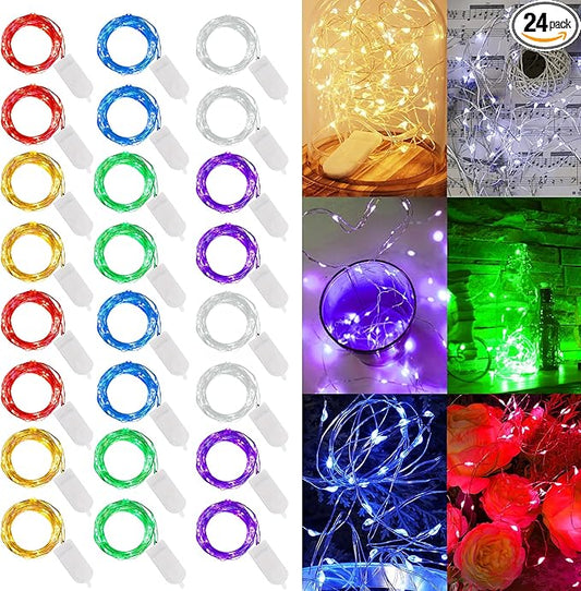 WATERGLIDE 24 Pack Fairy Lights Battery Operated (Included), 7 ft 20 LED Mini String Lights, Waterproof Silver Wire Firefly Starry Lights for DIY Wedding Christmas Party Mason Jars Decor, Multicolor