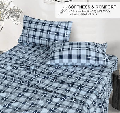 RUVANTI Flannel Sheets King Size - 100% Cotton Brushed King Size Sheets Set - Deep Pockets 16 Inches Bed Sheets - All Seasons Breathable & Extra Soft - Warm & Cozy, 4 Piece, Illusion Check