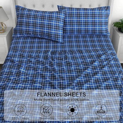 RUVANTI Flannel Sheets King Size - 100% Cotton Brushed King Size Sheets Set - Deep Pockets 16 Inches Bed Sheets - All Seasons Breathable & Extra Soft - Warm & Cozy, 4 Piece, Blue Plaid