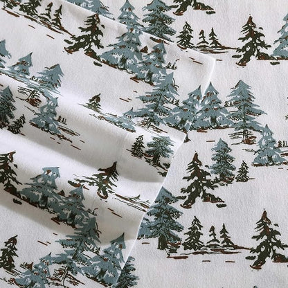 Eddie Bauer - Flannel Sheets Twin Size, Anti-Pilling & Wrinkle Resistant Cotton, Touchably Soft for All-Season Comfort - Bed Sheets with Matching Pillowcase & Fitted Sheet (Snowy Pine Trees Green)